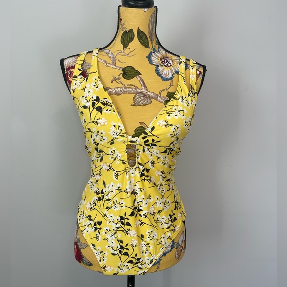 La Blanca Shine Plunge One-Piece Yellow Floral Swimsuit Size 12 - Picture 4 of 14